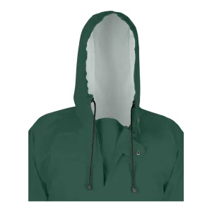 Détail du col à patte boutonnée et cordons de la capuche de vareuse imperméable