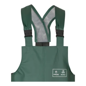 Gros plan bretelles ajustables et logo Plavitex sur cotte à bretelles Pros Wear