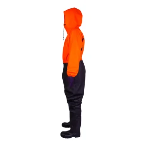 Combinaison cirée de travail avec bottes de sécurité noires - vue de profil