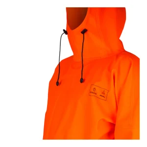 Détail de la capuche ajustable et du col montant orange haute visibilité