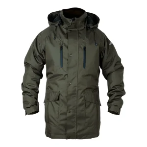 Parka imperméable molletonnée olive foncé avec capuche détachée ou rabattue