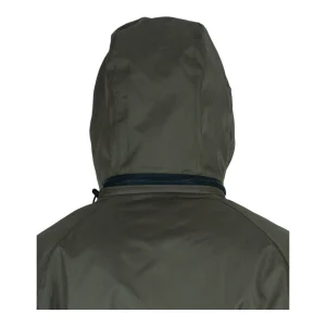 Gros plan sur la fixation zippée de la capuche au col de la parka