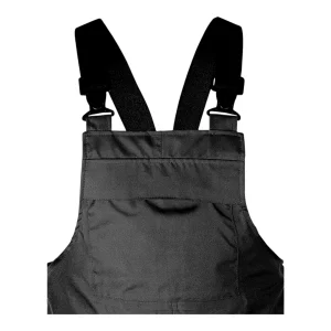 Détail de la bavette avant et des bretelles réglables avec boucles clips noires