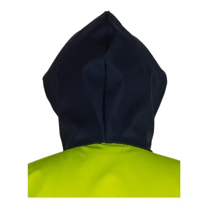 Gros plan sur la capuche bleu marine de la veste multirisques - vue de dos