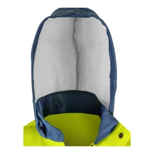 Détail de la capuche bleu marine avec rabat protège-menton et doublure intérieure