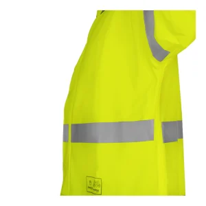 Gros plan sur le tissu jaune fluorescent, la bande réfléchissante et le marquage Plavitex Multi