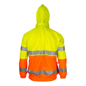 Veste de travail étanche bicolore jaune et orange fluo avec capuche montée - vue de dos