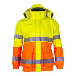 Veste haute visibilité multirisques avec col montant et capuche ouverte - vue de face