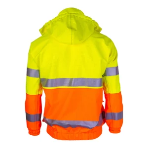 Veste imperméable respirante jaune et orange fluo avec capuche rabattue - vue de dos