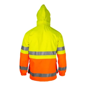 Parka de travail étanche bicolore jaune et orange fluo avec capuche montée - vue de dos