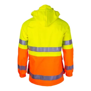 Parka imperméable respirante jaune et orange fluo avec capuche rabattue - vue de dos