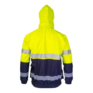Veste de travail étanche bicolore jaune fluo et bleu marine avec capuche montée - vue de dos