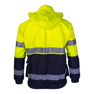 Veste imperméable respirante jaune fluo et bleu marine avec capuche rabattue - vue de dos