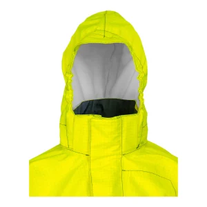 Détail de la capuche jaune fluorescent ajustée avec visière et doublure intérieure