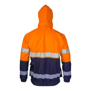 Veste de travail étanche bicolore orange fluo et bleu marine avec capuche montée - vue de dos