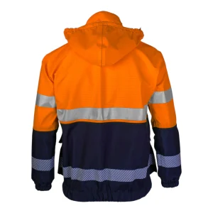 Veste imperméable respirante orange fluo et bleu marine avec capuche rabattue - vue de dos