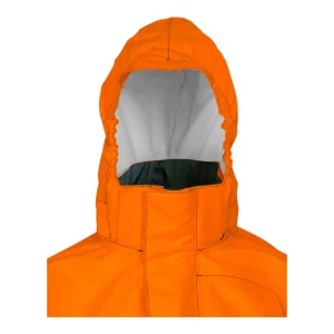 Détail de la capuche orange fluorescent ajustée avec visière et doublure intérieure