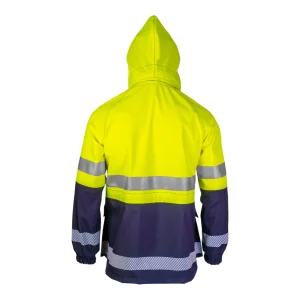 Parka de travail étanche bicolore jaune fluo et bleu marine avec capuche montée - vue de dos