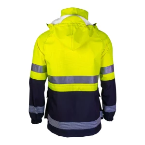 Parka imperméable respirante jaune fluo et bleu marine avec capuche rabattue - vue de dos