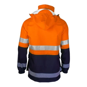 Parka imperméable respirante orange fluo et bleu marine avec capuche rabattue - vue de dos