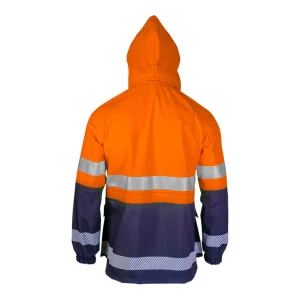 Parka de travail étanche bicolore orange fluo et bleu marine avec capuche montée - vue de dos