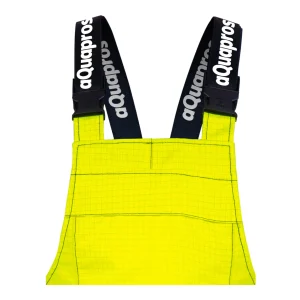 Détail de la bavette avant jaune fluo à motif quadrillé et des bretelles logotées aQuapros