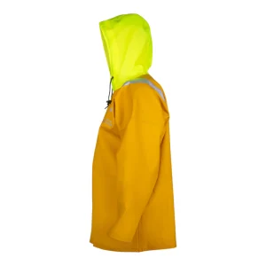 Veste de pluie professionnelle étanche jaune impérial avec capuche jaune fluo - vue de profil