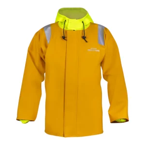 Veste cirée marin-pêcheur jaune impérial avec capuche fluo rabattue
