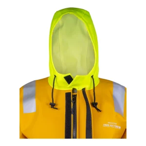 Détail du col avec la fermeture zippée, les bandes velcro et la capuche ajustable jaune fluo