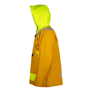 Vareuse de pluie professionnelle étanche jaune impérial avec capuche jaune fluo - vue de profil