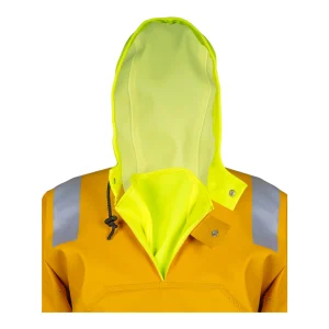 Détail du col de la vareuse ouvert montrant le soufflet d'étanchéité intérieur jaune fluo