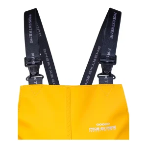 Detail of the high front bib and elastic suspenders with the PROS EXTREME logo