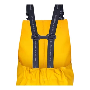 Close-up of the back of the overalls, the elasticated waist and the suspender fastening