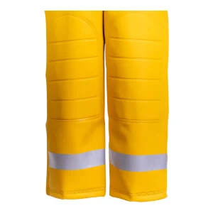 A closer look at the padded knee reinforcements and reflective strips at the bottom of the leg