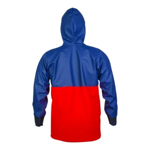 Vareuse de pêche bicolore bleu marine et rouge avec capuche - vue de dos
