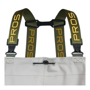 Detail of the chest drawstring and PROS logo suspenders with clip buckles