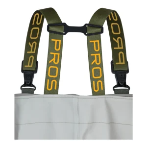 Close-up of the black back attachment holding the adjustable wader straps