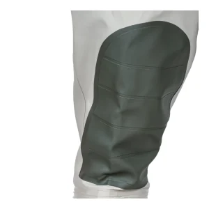 A closer look at the durable reinforcement panel at the dark olive green knee