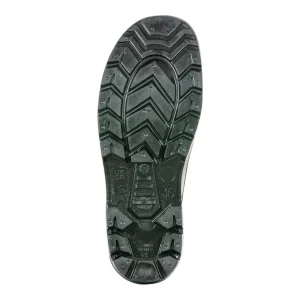 Close-up view of the non-slip, notched sole of the boot integrated into the waders