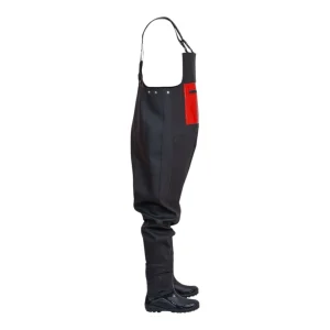 Pros Wear women's black waterproof waders with red chest pocket - side view