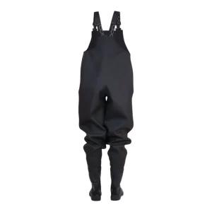 Women's heavy-duty black work waders with crossed suspenders - back view