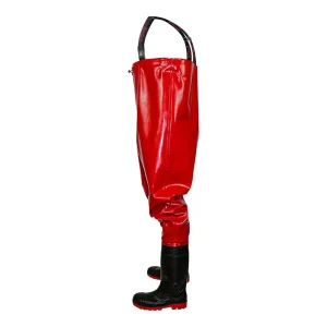 Red and black safety waders with integrated boots - side view