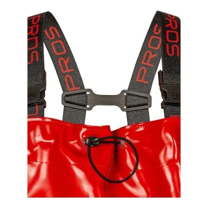 Detail of the chest drawstring and PROS-branded suspenders with spacer piece
