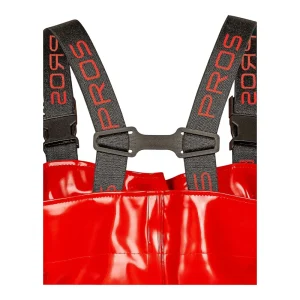Close-up of the back support provided by adjustable suspenders on red waders