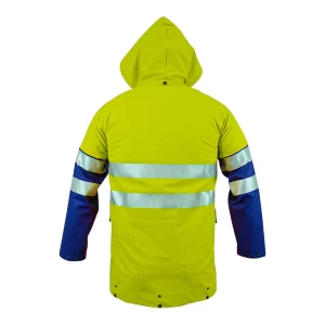 Veste de pluie haute visibilité bicolore jaune fluo et bleu avec bandes réfléchissantes - vue de dos