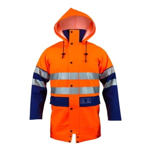 Pros Wear 400/R hochsichtbare, zweifarbige, gewachste und wasserdichte Jacke in fluoreszierendem Orange und Blau – Vorderansicht