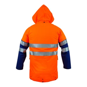 Veste de protection étanche haute visibilité bicolore orange fluo et bleu - vue de dos