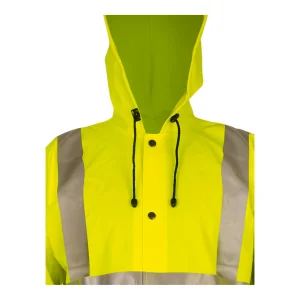 Détail de la capuche avec cordon de serrage et de la patte de boutonnage sur manteau jaune fluo