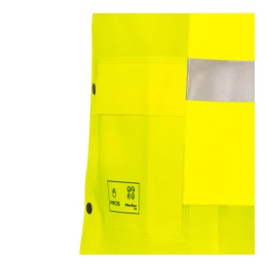 Zoom sur la grande poche à rabat avec marquage Plavitex fluo sur manteau jaune