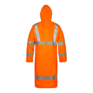 Manteau long de pluie haute visibilité orange fluo avec bandes réfléchissantes - vue de dos